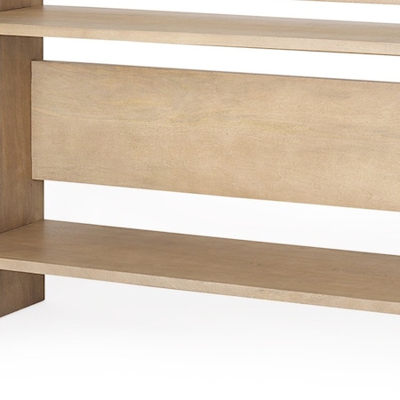 Homeroots 76" Natural and Brown Solid Wood Sled Console Table With Two Shelves 605652