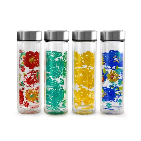 Gibson Home Glasselle 4 Piece 13 Ounce Glass Decorated Hydration Bottle Set in Assorted Colors 113236.01