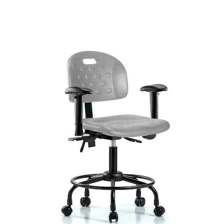 Blue Ridge Ergonomics Poly Chair with Round Tube Base - Desk Height with Adjustable Arms & Casters in Gray Poly HPDHCH-RT-T0-A1-RC-GRY