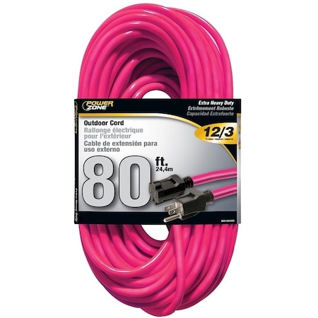 Powerzone Extension Cord, 12 AWG, Neon Pink, 80 ft ORN513833