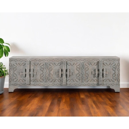 Homeroots 79" Gray Carved Scrollwork Distressed Solid Wood Enclosed Storage TV Stand 565171