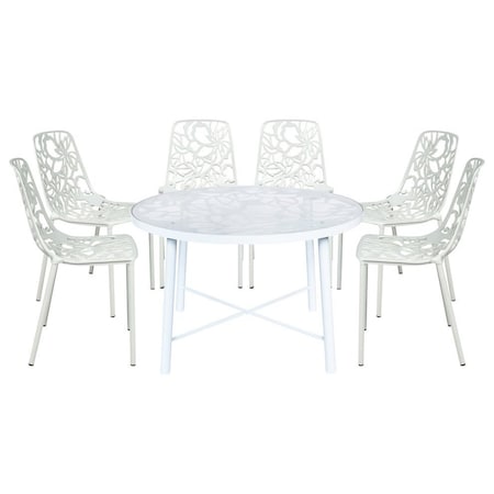 Leisuremod Devon 7-Piece Aluminum Patio Dining Set, Tempered Glass Top Table & 6 Stackable Chairs, White DT48C6W