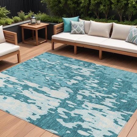 Homeroots 9' X 12' Teal Blue And Ivory Abstract Washable Indoor Outdoor Area Rug 613378