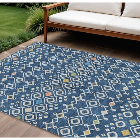 Homeroots 9' X 12' Navy Blue Ivory And Peach Geometric Washable Indoor Outdoor Area Rug 612206