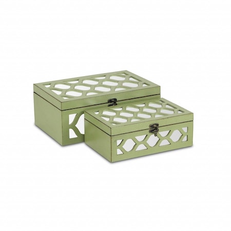 Homeroots Set of Two Green Mirrored Glass And Solid Wood Box With Lid, 2PK 399681
