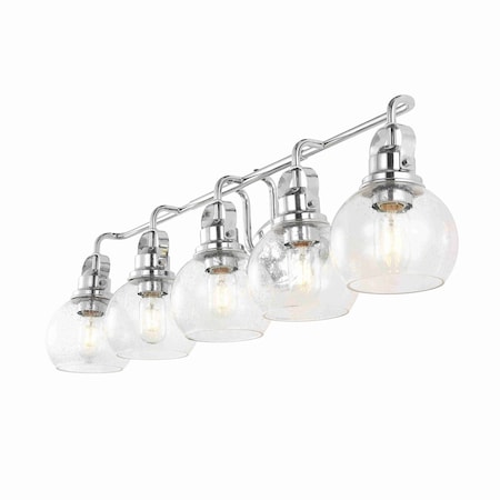 Jonathan Y Shirley 36.25" 5-Light Farmhouse Industrial Metal LED Vanity Light w/Seeded Glass Globe Shades, Chrom JYL7906A