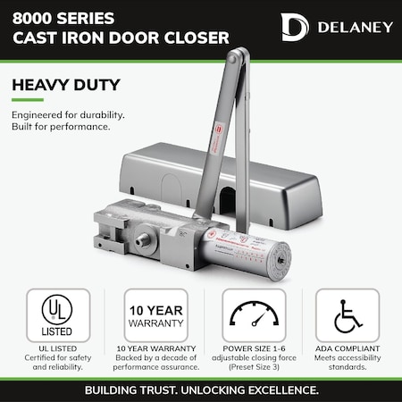 Delaney Hardware Heavy Duty Grade 1 Cast Iron Body Aluminum Finish Commercial Door Closer 608810