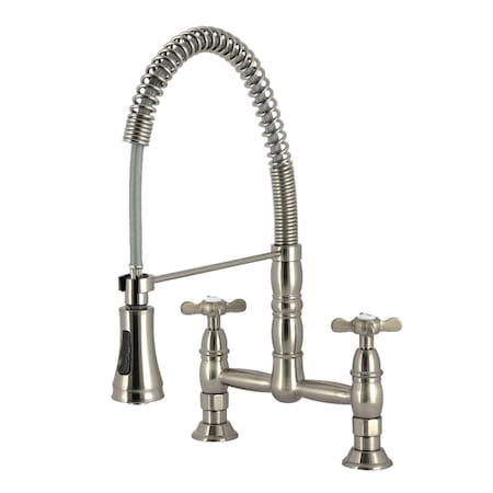 Kingston Brass Double-Handle Deck-Mount Pre-Rinse Bridge Kitchen Faucet, Brushed Nickel GS1278BEX