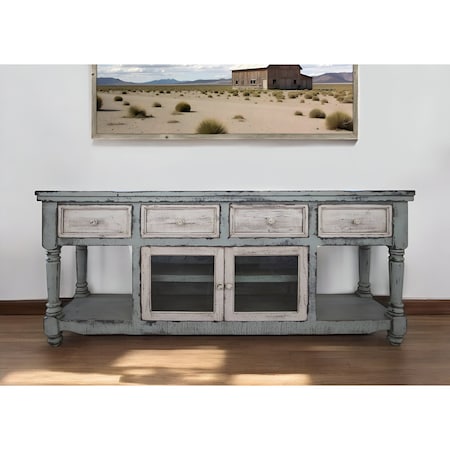 Homeroots 70" Blue and White Solid Wood Open shelving Distressed TV Stand 528736