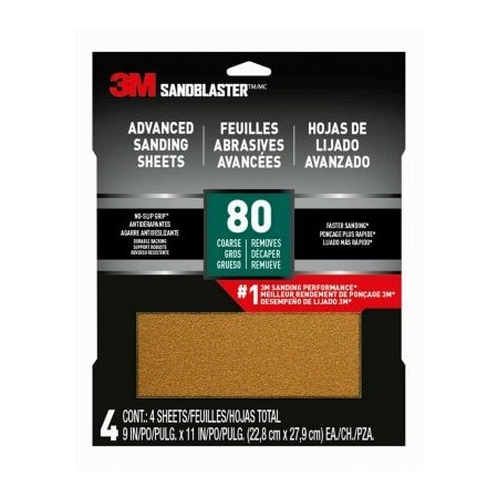 3M 9x11 80G Sandpaper, 4PK 20080-G-4