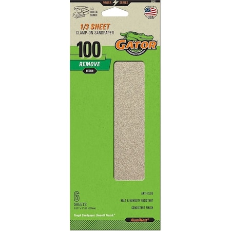 Gator Sanding Sheet, 3-2/3 in W, 9 in L, 100 Grit, Medium, Aluminum Oxide Abrasive, Paper Backing 5042