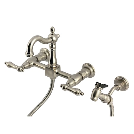 Kingston Brass Two-Handle Wall Mount Bridge Kitchen Faucet with Brass Sprayer, Brushed Nickel KS2448ALBS