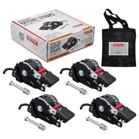 Mytee Products 4 Pack 1'x10ft Bolt on Retractable Ratchet Straps w/ Coated S Hook for Trailers, 4PK RS106R-BOx4