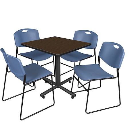 Regency Square Kobe Breakroom Table W/ 4 Zeng Stack Chairs, 30 in W, 30 in L, Neo Walnut TKB3030NW44BE