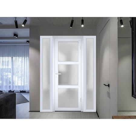 Vdomdoors Front Exterior Prehung FiberGlass Door Frosted Glass / Manux 8552 White Silk / 2 Sidelight Exterior MANUX8552EXD-WS-W12+30+12 x H80-RH