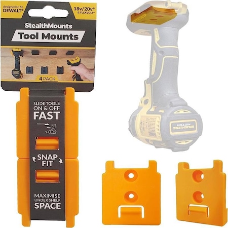 S StealthMounts Tool Holders Compatible with DeWalt 18/20V & Flexvolt; Yellow ABS Tool Holder, 4PK TM-DW18-YLW-4