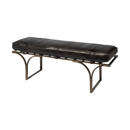 Homeroots 16in Black And Antiqued Brass Upholstered Genuine Leather Bench 376191