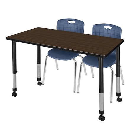 Regency Kee Mobile Adjustable Classroom Table W/ 2 Andy Stack Chairs, 48 in W, 30 in L, Neo Walnut MT4830NWAPCBK40NV