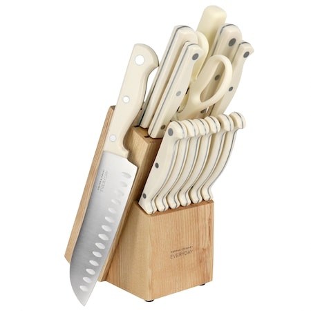 Martha Stewart Everyday 14 Piece Stainless Steel Cutlery and Wood Block Set in Linen 128734.14