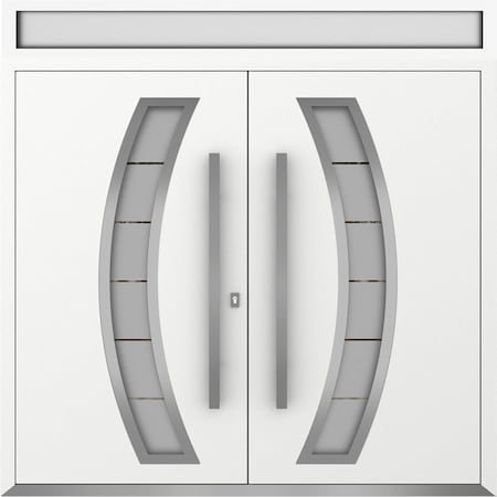 Vdomdoors Metal Double Doors Deux 6500 White Enamel Frosted Glass Top Transom Entry Modern Painted (W72xH80+1 DEUX6500DEXD-BEM-W72xH80+14-RH-O