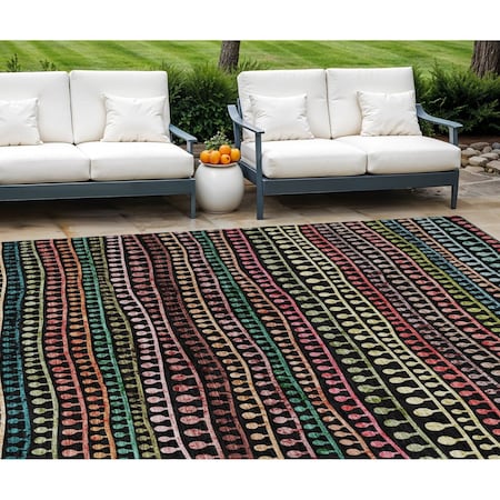 Homeroots 9' X 12' Black Green And Gold Striped Washable Indoor Outdoor Area Rug 588242