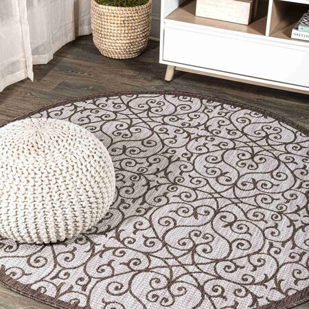 Jonathan Y Madrid Vintage Filigree Textured Weave Taupe/Espresso 5 ft Round Indoor/Outdoor Area Rug SMB107C-5R