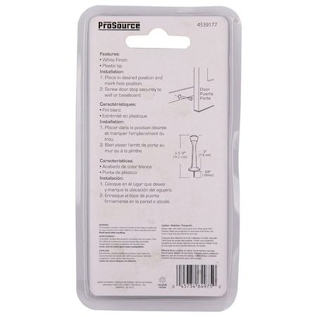 Prosource Heavy-Duty Rigid Door Stop, 1 in Dia Base, 3 in Projection, Die-Cast Zinc & Plastic, White CL-208C-WH-PS