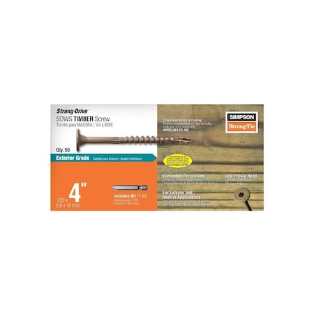 Simpson Strong-Tie Co Strong-Drive No. 5 Structural Screws 4" L, Star Drive, Low Profile Head, Double-Barrier Coating, 50PK SDWS22400DB-R50