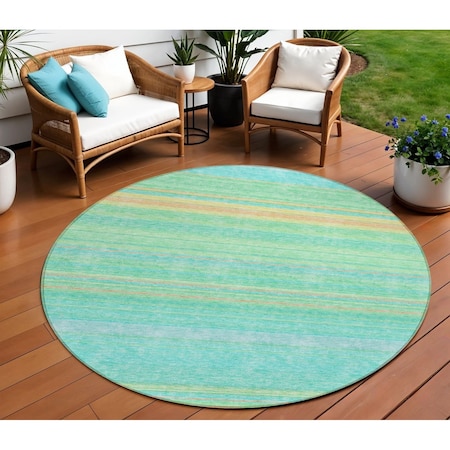 Homeroots 8' Aqua Green And Yellow Round Striped Washable Indoor Outdoor Area Rug 614793