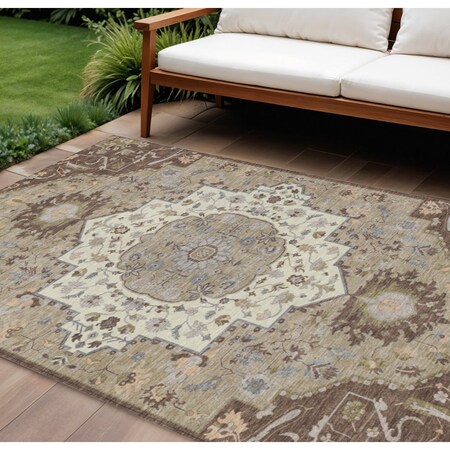 Homeroots 9' X 12' Chocolate Beige And Gray Oriental Washable Indoor Outdoor Area Rug 596624