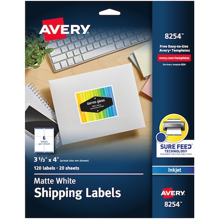 Avery Shipping Label, 3 21/64" Label W, 6 Labels per Sheet White 8254
