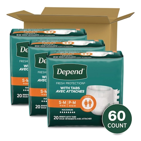 Depend Incontinence Protection with Tabs, Small/Medium, 19 in. to 34 in. Waist, 60PK 35456