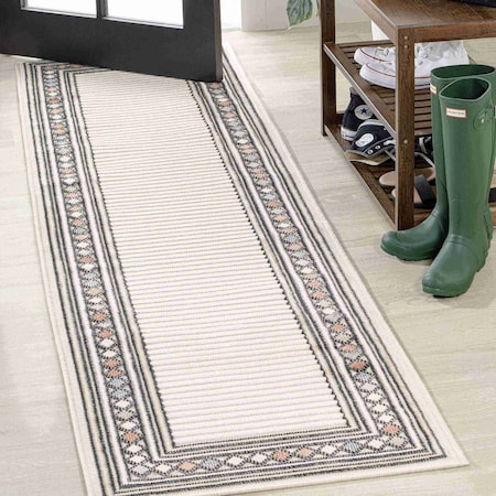 Jonathan Y Sebastian High-Low Modern Diamond Border Ivory/Beige 2 ft. x 8 ft. Indoor/Outdoor Runner Rug HWC102B-28