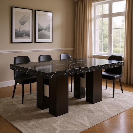 Homeroots 70" Black Faux Marble and Wood Double Pedestal Base Dining Table 564892