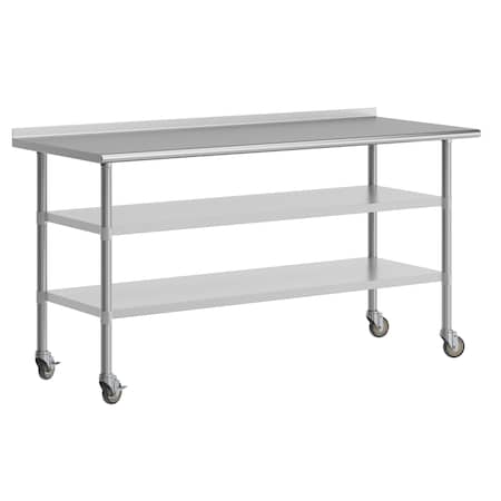 Flash Furniture Reader SS Work Table 30in. x 72in. w/1.5in. Backsplash, 2 Undershelves and 4 Casters, 2 Locking NH-WT-GU-3072BSP-CAS-GG