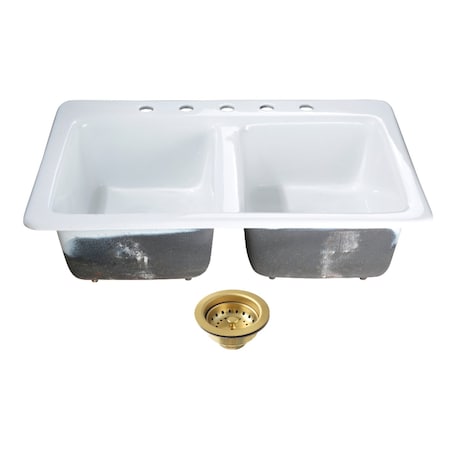 Kingston Brass 33-Inch Cast Iron Self-Rimming Double Bowl Drop-In Kitchen Sink, 5-Hole with Basket Strainers x 2 KGT33229D57