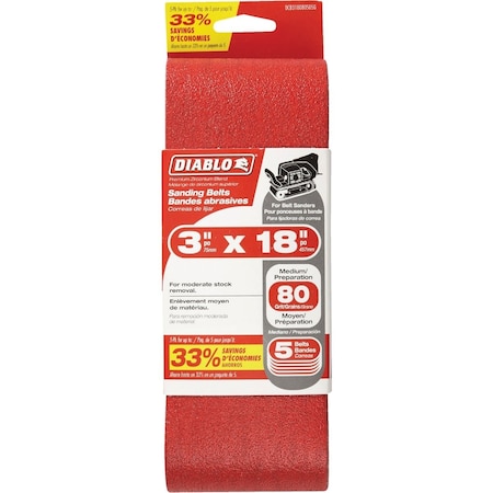 Diablo 3'' x 18'' 80 Grit General Purpose Sanding Belt, 5PK DCB318080S05G