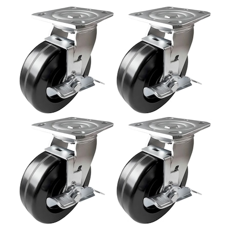 Hyw Products Heavy Duty Caster Set 6in Phenolic Wheels, 4 Swivel with Brake, 4PK 40-60S-A1-PH-TB-4