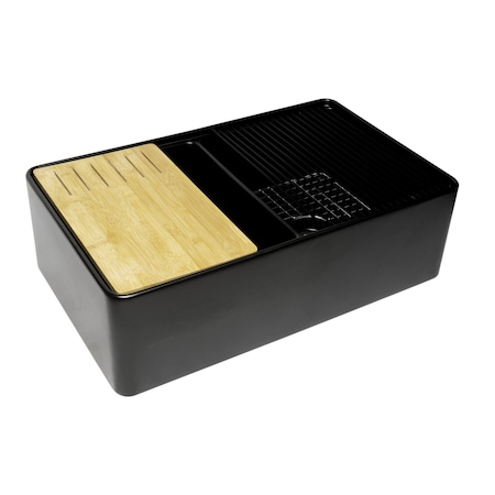 Alfi Brand Black Matte Workstation 33''X20'' Double Bowl Step Rim Fireclay Farm Sink W/ Accessories ABFS3320D-BM