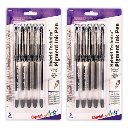 Pentel Hybrid Technica Gel Pen, Assorted Tip Sizes, Black Ink, 5-Piece Set, 2PK KN10BP5A