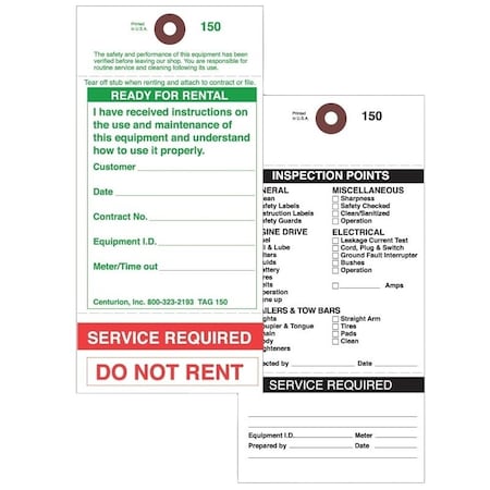 Centurion Rental Item Tag, READY-TO-RENT/SERVICE REQUIRED, 3-1/8 in W x 6-1/4 in H Dimensions TAG150PT1