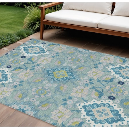 Homeroots 9' X 12' Teal Blue Green And Ivory Oriental Washable Indoor Outdoor Area Rug 597714