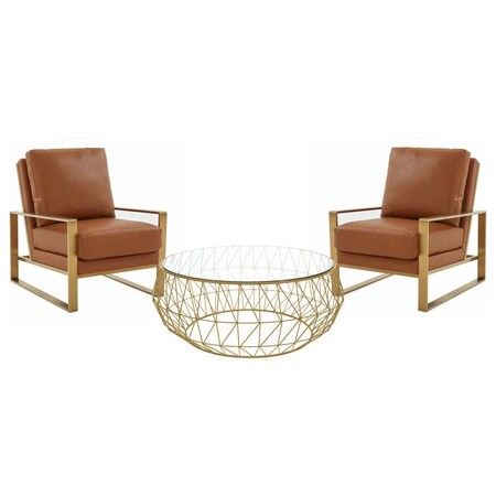 Leisuremod Jefferson Leather Armchair with Gold Frame, Round Coffee Table with Glass Top, Cognac Tan JAG29MD39BR2-L