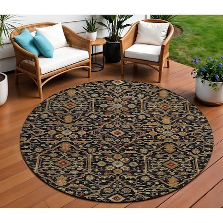 Homeroots 8' Black Brown And Red Round Floral Washable Indoor Outdoor Area Rug 604579