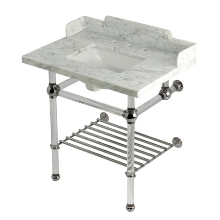 Kingston Brass 30-Inch Carrara Marble Console Sink with Acrylic Legs and Shelf, 8-Inch, 3-Hole LMS3030MASQB6