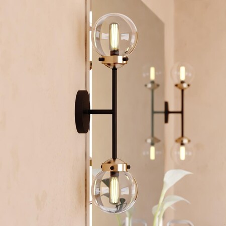 Vaxcel Orbit 2 Light Brass and Oil Rubbed Bronze Industrial MCM Wall Sconce Clear Glass Globe W0396