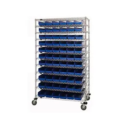 Global Industrial Chrome Wire Shelving with 110 4"H Plastic Shelf Bins Blue, 72x14x74 269051BL