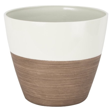 Landscapers Select Planter, 8 in Dia, 7 in H, Round, Resin, Ivory/Wood, Ivory/Wood PT-S067