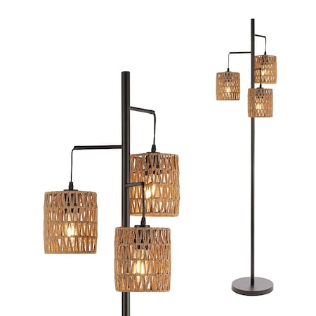 Jonathan Y Isla 70.75" 3-Light Mid-Century Bohemian Metal/Rope LED Floor Lamp, Black/Natural JYL1150A