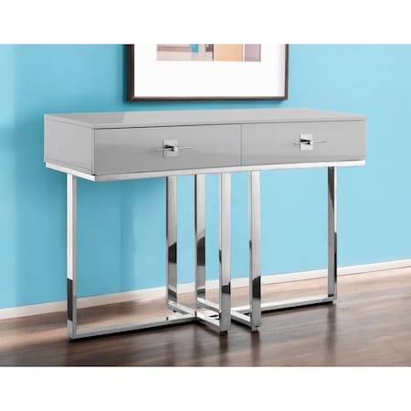 Homeroots 47" Light Gray and Silver Wood and Stainless Steel Sled Console Table With Two Drawers 543863